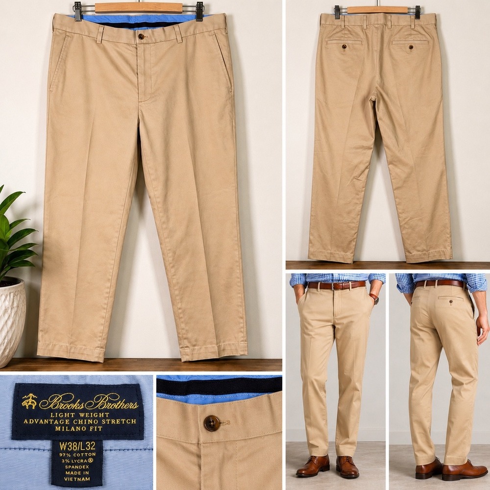 Brooks Brothers Milano Fit Advantage Chino Stretch Khaki Pants Mens 38x32 Tan